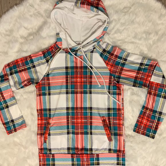 Plaid Thumbhole Double Hooded Cowl. Neck Shirt - Picture 6 of 12